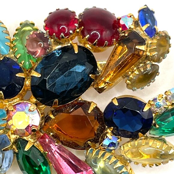 Vintage Unsigned Tutti Frutti Fruit Salad Rhinestone Brooch Clip Earrings Set - Picture 2 of 13